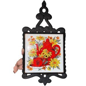 Vintage Yellow Daisy Flower Red TeaPot Ceramic Tile Cast Iron Trivet